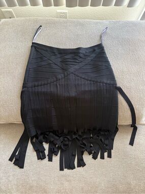 Herve Leger Black Bandage Mini Skirt with Fringe Hem